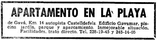 Anuncio de los apartamentos GAVAMAR de Gav Mar publicado en el diario LA VANGUARDIA (17 de Diciembre de 1965)